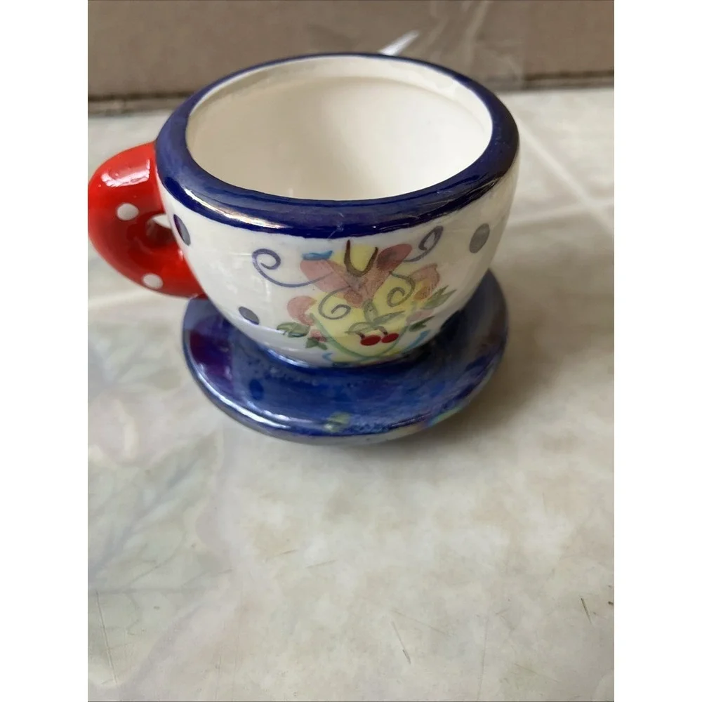 Mary Engelbreit Miniature Tea Cup On Saucer Ornament Luster Polka Dots 2